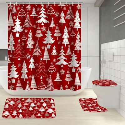 4Pcs Christmas Shower Curtain Sets with Non-Slip Rugs, Toilet Lid Cover and Bath