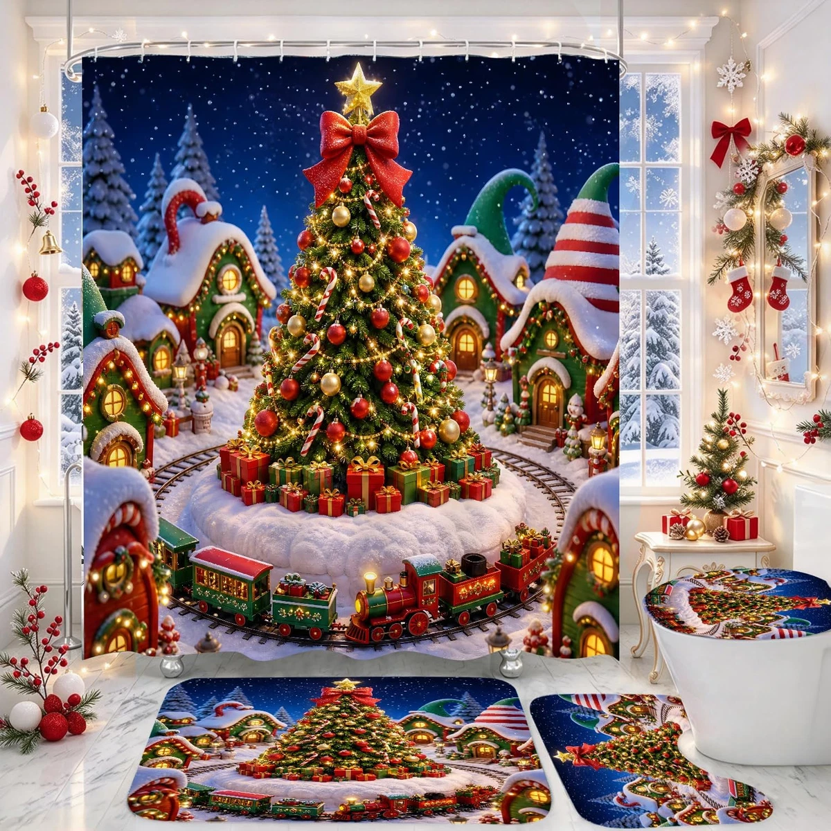 4PCS Colorful Christmas Shower Curtain Set with Rugs, Toilet Lid Cover and Bath