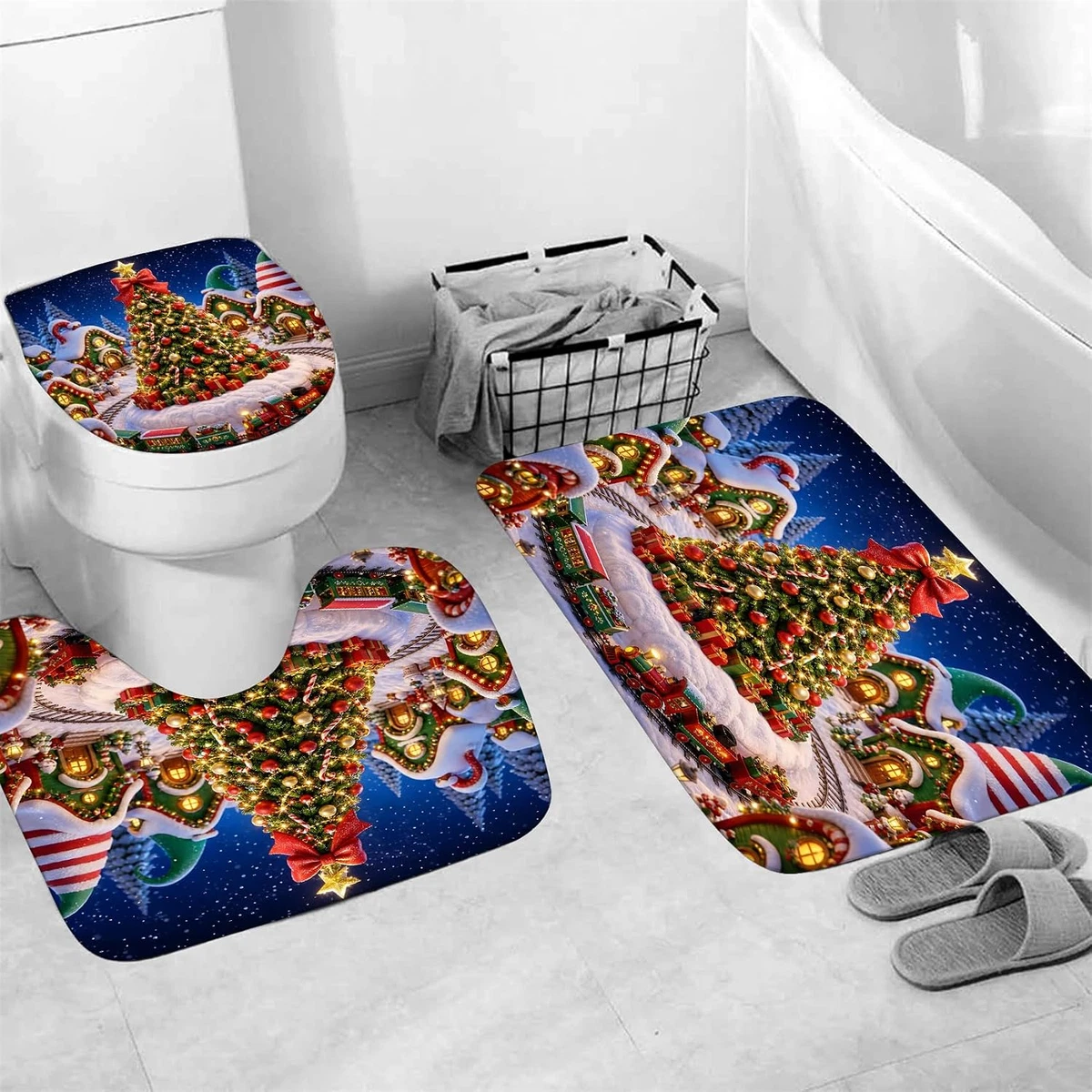 4PCS Colorful Christmas Shower Curtain Set with Rugs, Toilet Lid Cover and Bath