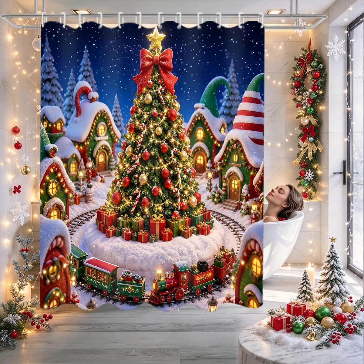 4PCS Colorful Christmas Shower Curtain Set with Rugs, Toilet Lid Cover and Bath