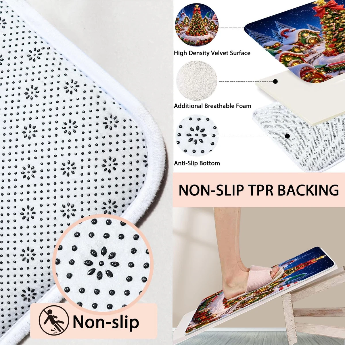 4PCS Colorful Christmas Shower Curtain Set with Rugs, Toilet Lid Cover and Bath