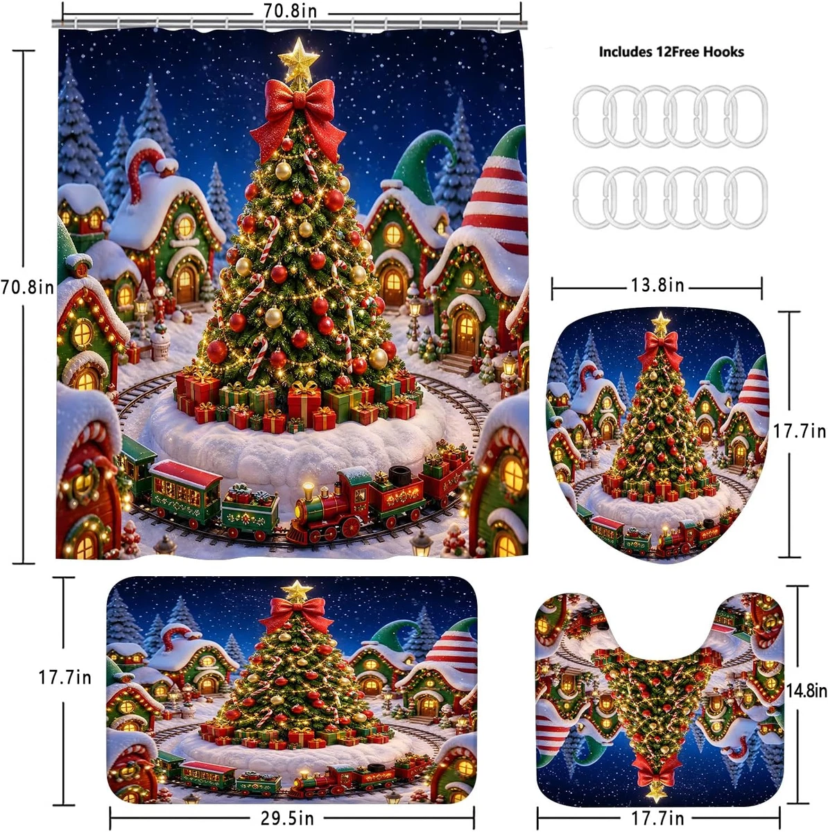 4PCS Colorful Christmas Shower Curtain Set with Rugs, Toilet Lid Cover and Bath