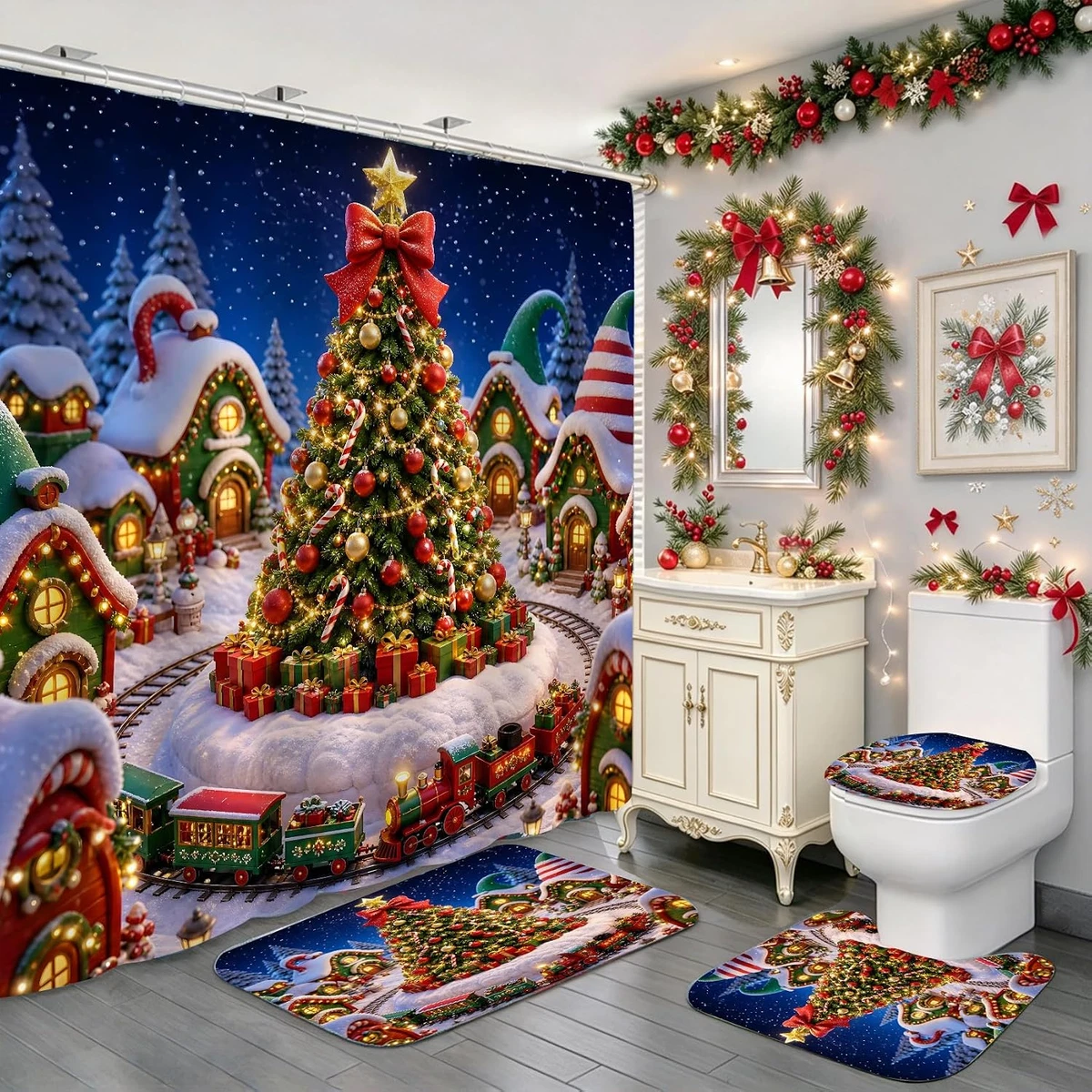 4PCS Colorful Christmas Shower Curtain Set with Rugs, Toilet Lid Cover and Bath