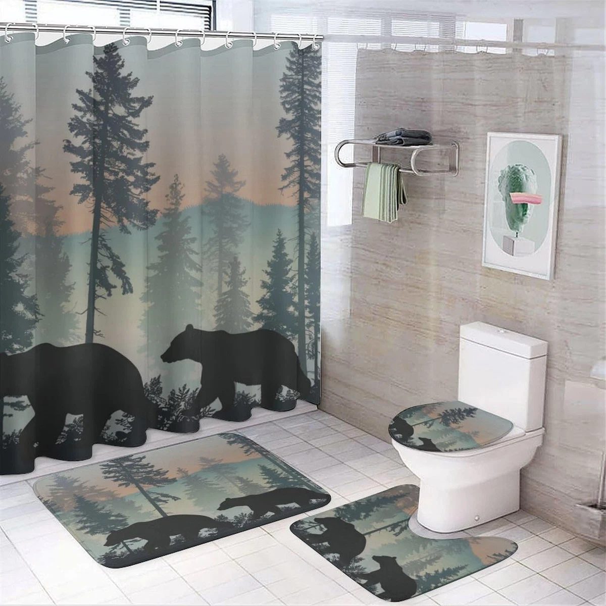 4Pcs Cute Animal Forest Shower Curtain Set, Non-Slip Rugs & Toilet Lid Cover, 72