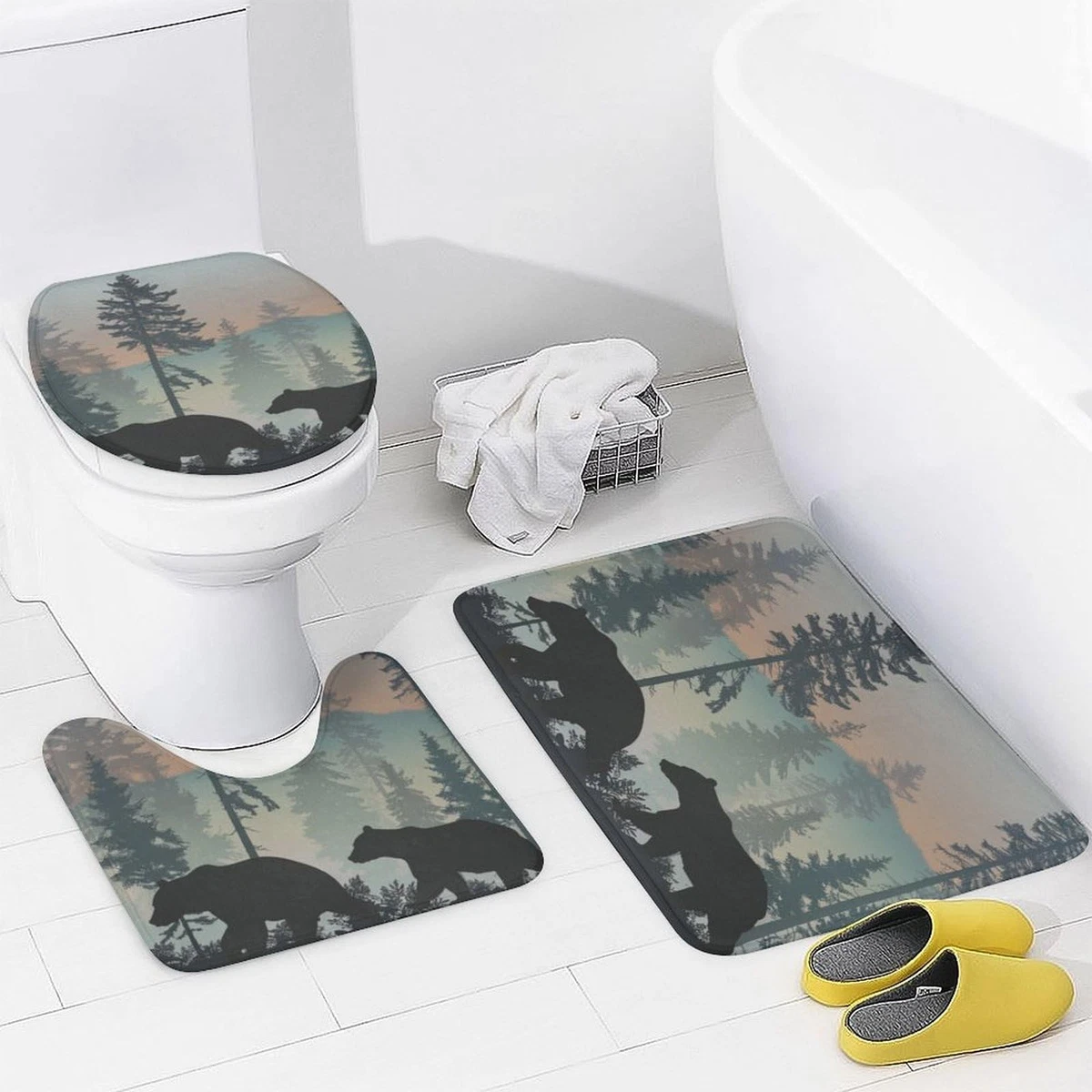 4Pcs Cute Animal Forest Shower Curtain Set, Non-Slip Rugs & Toilet Lid Cover, 72