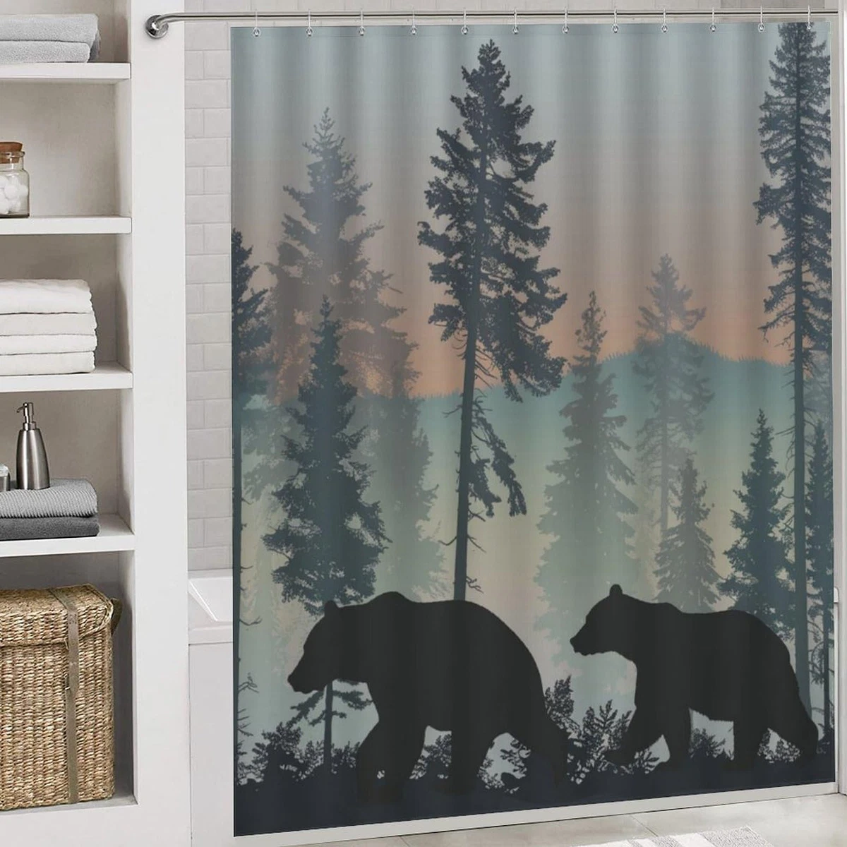 4Pcs Cute Animal Forest Shower Curtain Set, Non-Slip Rugs & Toilet Lid Cover, 72