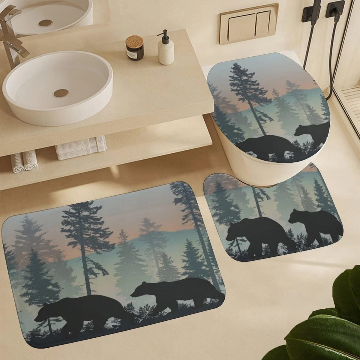 4Pcs Cute Animal Forest Shower Curtain Set, Non-Slip Rugs & Toilet Lid Cover, 72