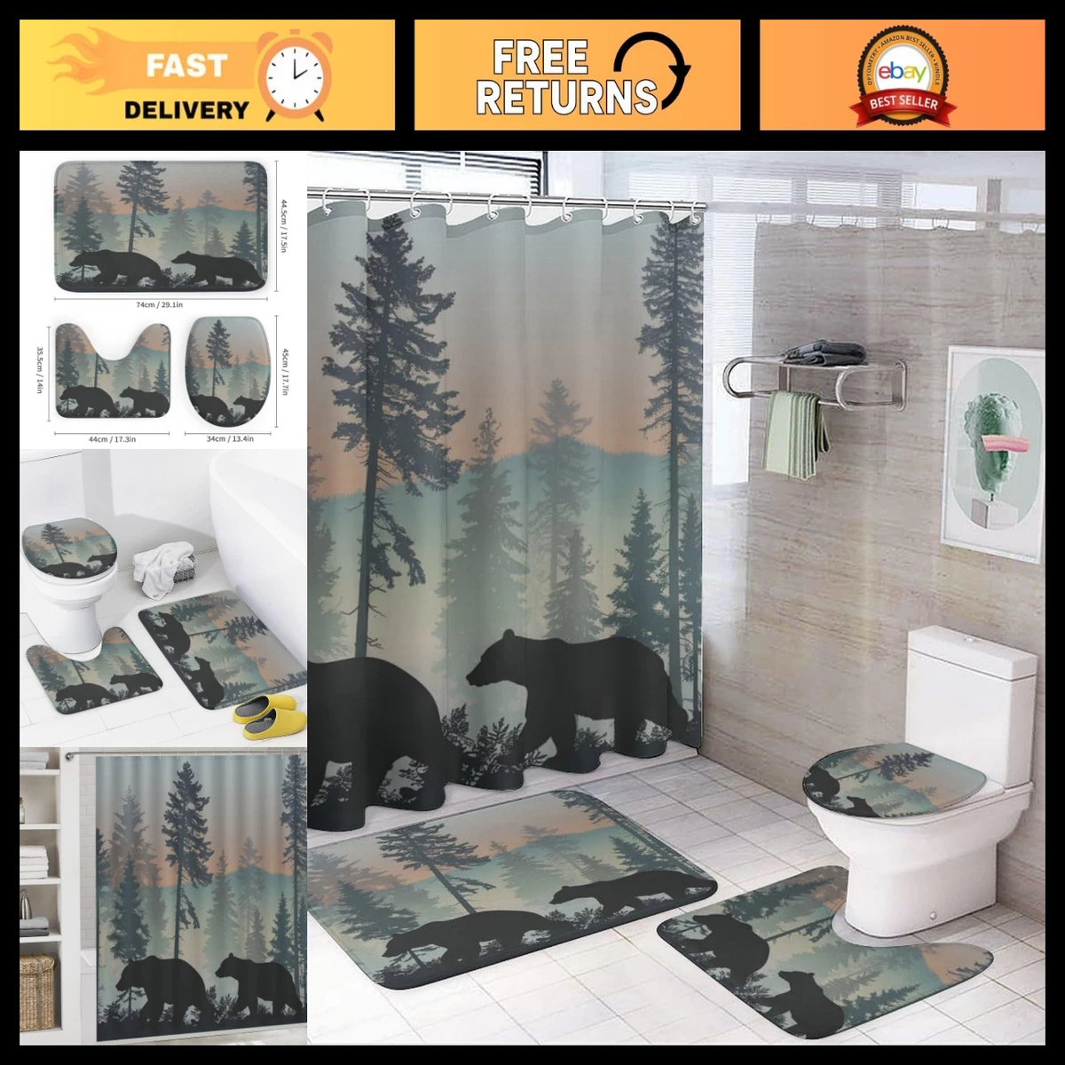 4Pcs Cute Animal Forest Shower Curtain Set, Non-Slip Rugs & Toilet Lid Cover, 72