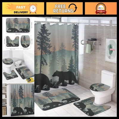 4Pcs Cute Animal Forest Shower Curtain Set, Non-Slip Rugs & Toilet Lid Cover, 72