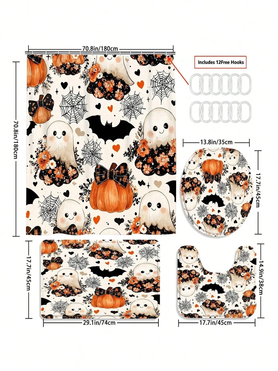4Pcs Cute Halloween Ghost Shower Curtain Set Bath Rugs Toilet Lid Cover w/ Hooks