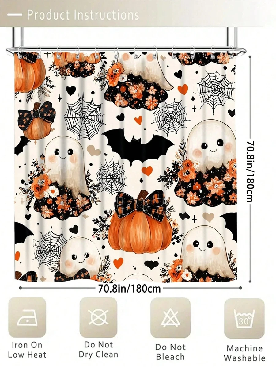 4Pcs Cute Halloween Ghost Shower Curtain Set Bath Rugs Toilet Lid Cover w/ Hooks
