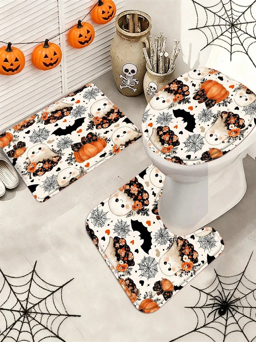 4Pcs Cute Halloween Ghost Shower Curtain Set Bath Rugs Toilet Lid Cover w/ Hooks