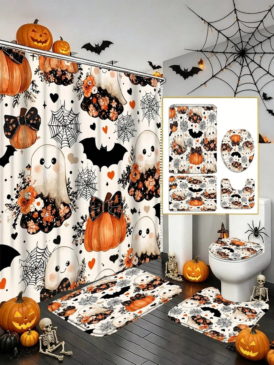 4Pcs Cute Halloween Ghost Shower Curtain Set Bath Rugs Toilet Lid Cover w/ Hooks