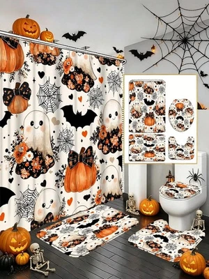 4Pcs Cute Halloween Ghost Shower Curtain Set Bath Rugs Toilet Lid Cover w/ Hooks