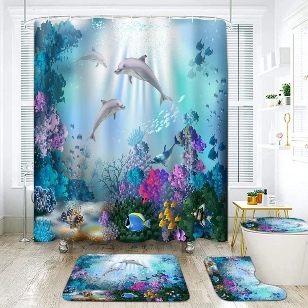 4Pcs Dolphin Coral Shower Curtain Set with Hooks, Bath Mat & Toilet Cover - 72x7