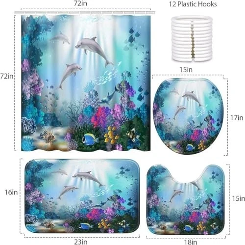 4Pcs Dolphin Coral Shower Curtain Set with Hooks, Bath Mat & Toilet Cover - 72x7