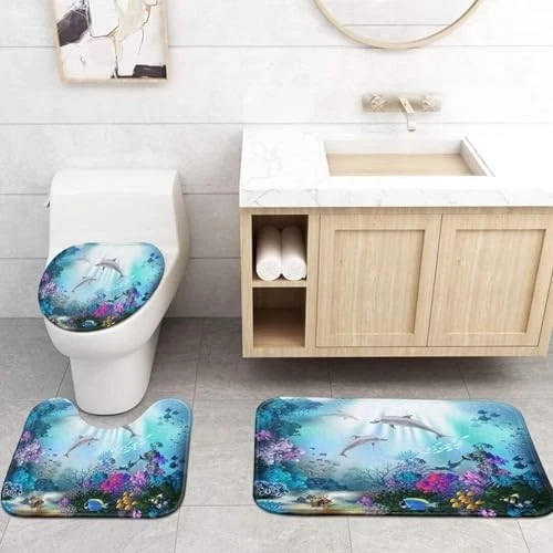 4Pcs Dolphin Coral Shower Curtain Set with Hooks, Bath Mat & Toilet Cover - 72x7