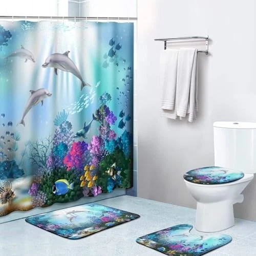 4Pcs Dolphin Coral Shower Curtain Set with Hooks, Bath Mat & Toilet Cover - 72x7