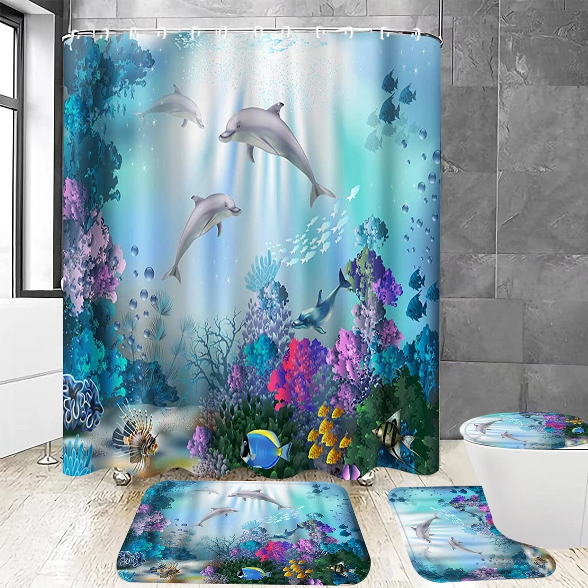 4Pcs Dolphin Coral Shower Curtain Set with Hooks, Bath Mat & Toilet Cover - 72x7