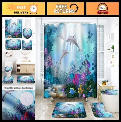 4Pcs Dolphin Coral Shower Curtain Set with Hooks, Bath Mat & Toilet Cover - 72x7