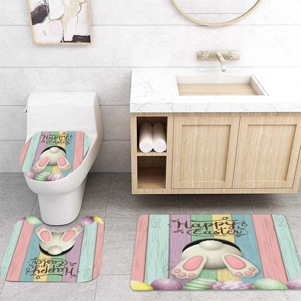4pcs Easter Shower Curtain Sets with Non-Slip Rugs Toilet Lid Cover and Bath ...