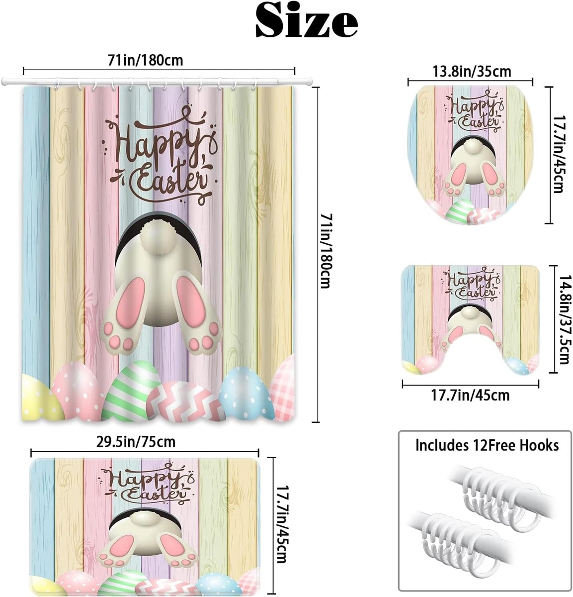 4pcs Easter Shower Curtain Sets with Non-Slip Rugs Toilet Lid Cover and Bath ...