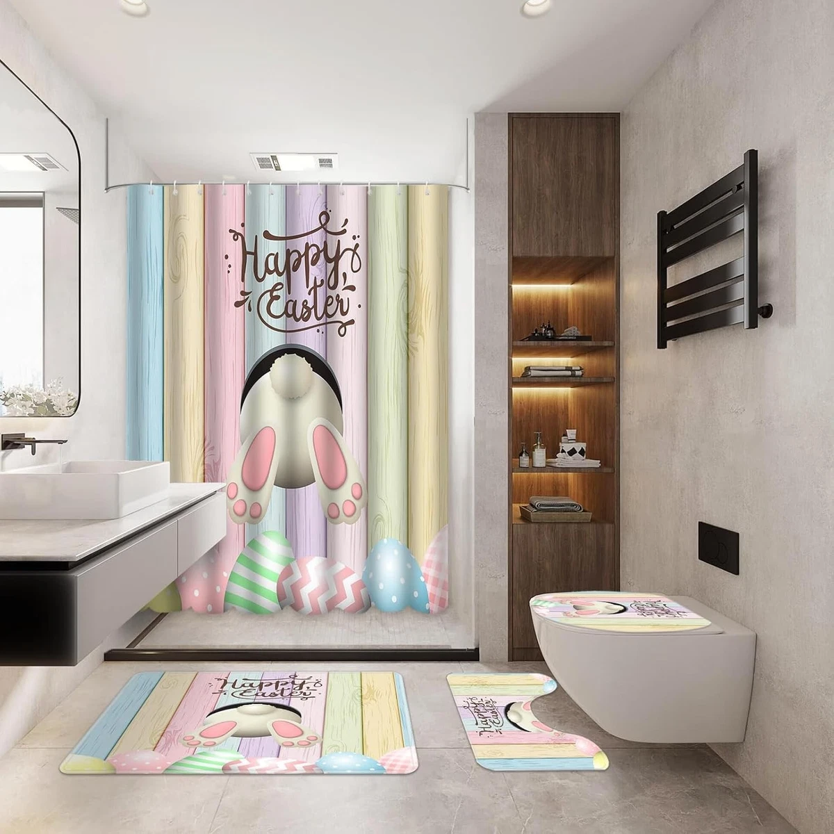 4pcs Easter Shower Curtain Sets with Non-Slip Rugs Toilet Lid Cover and Bath ...