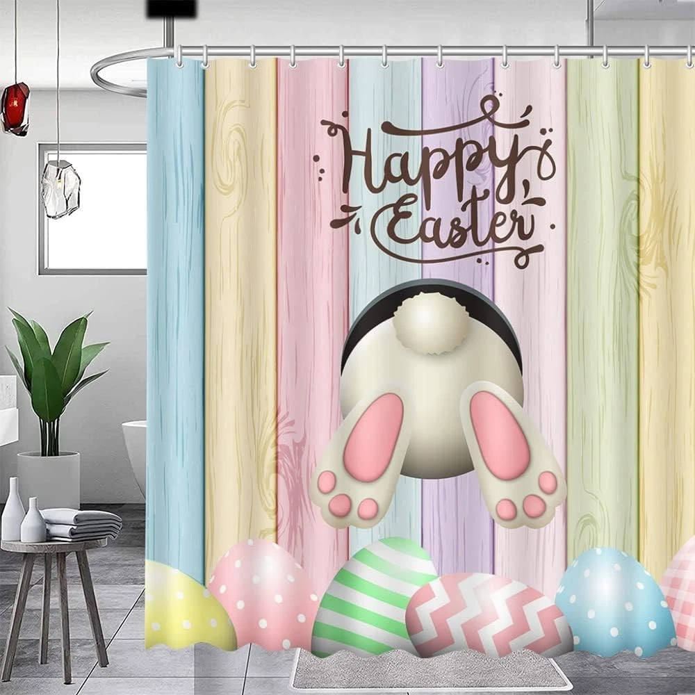 4pcs Easter Shower Curtain Sets with Non-Slip Rugs Toilet Lid Cover and Bath ...