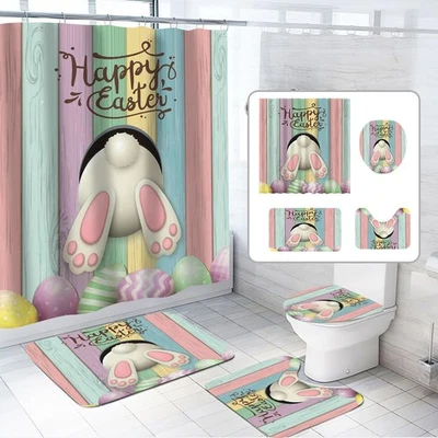4pcs Easter Shower Curtain Sets with Non-Slip Rugs Toilet Lid Cover and Bath ...