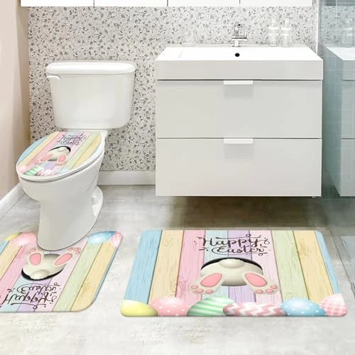 4pcs Easter Shower Curtain Sets with Non-Slip Rugs Toilet Lid Cover Easter1
