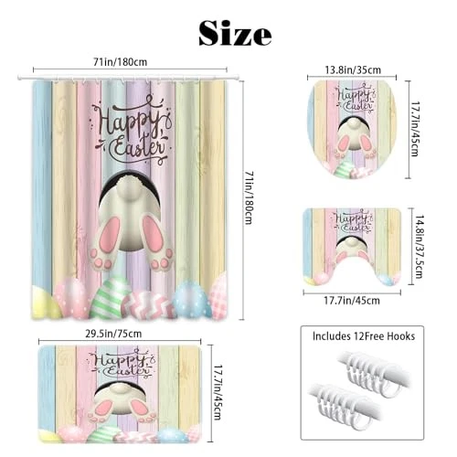 4pcs Easter Shower Curtain Sets with Non-Slip Rugs Toilet Lid Cover Easter1