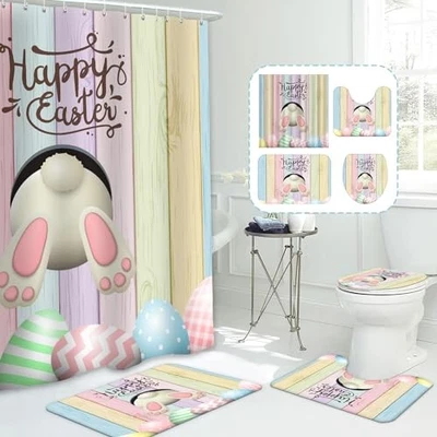  4pcs Easter Shower Curtain Sets with Non-Slip Rugs Toilet Lid Cover Easter1