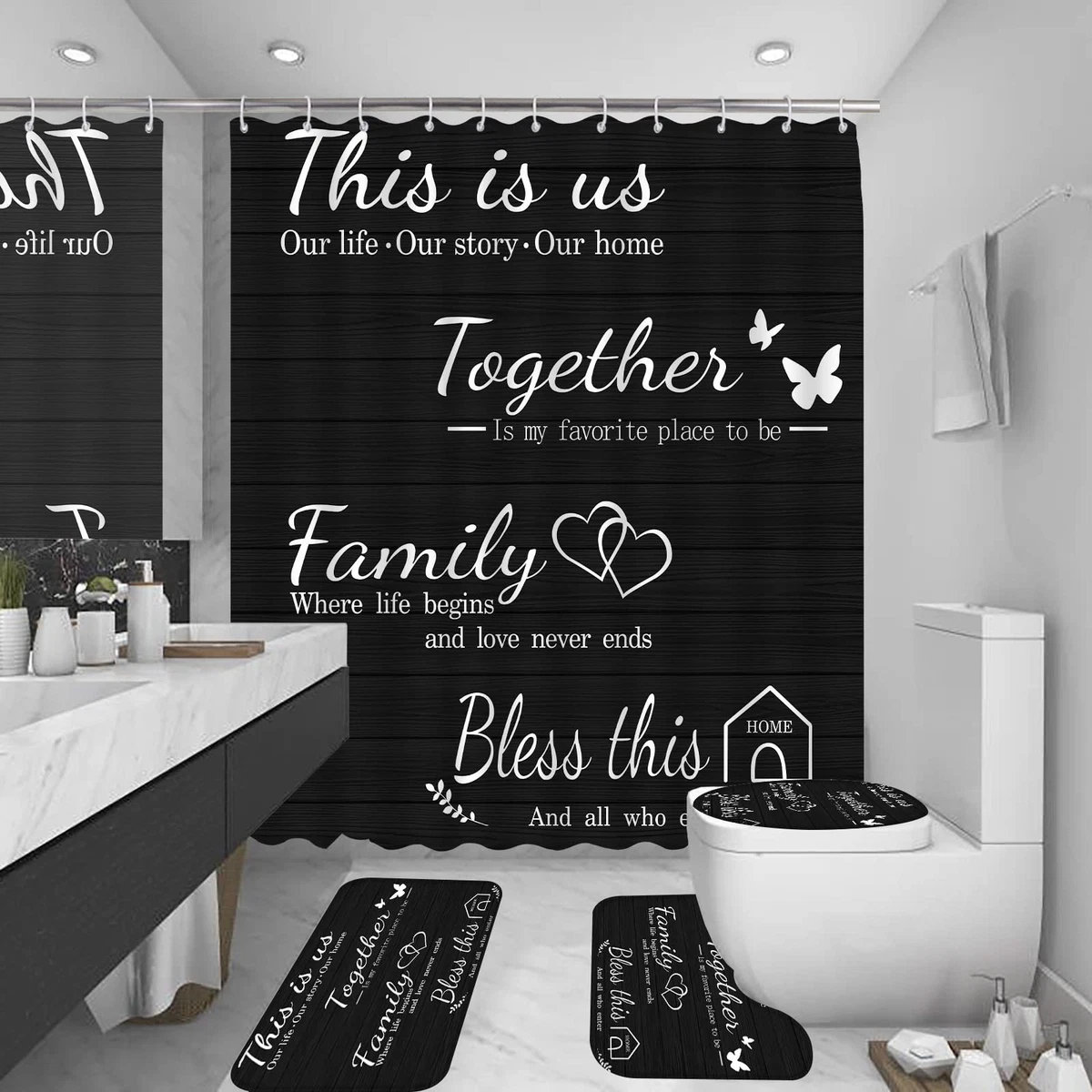 4Pcs Family Bathroom Shower Curtain Set, Waterproof with Rugs & Lid Cover, 72"x7