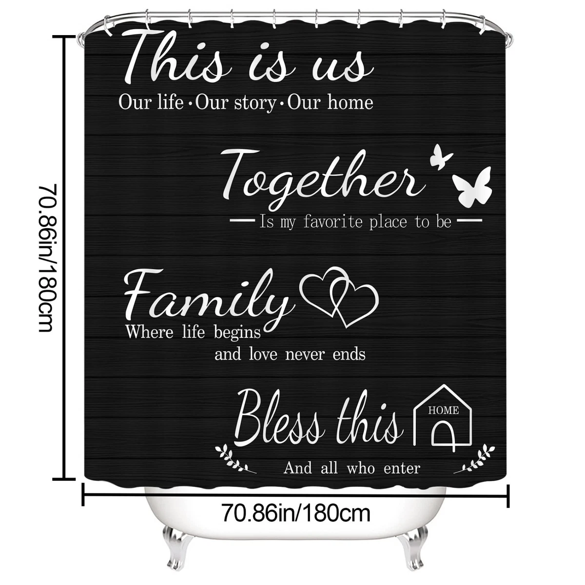 4Pcs Family Bathroom Shower Curtain Set, Waterproof with Rugs & Lid Cover, 72"x7