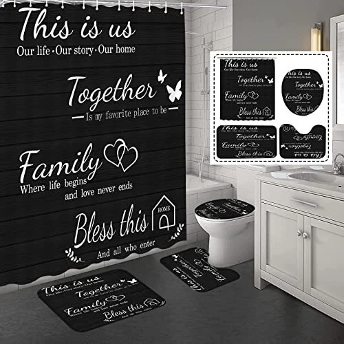 4Pcs Family Shower Curtain Set with Non-Slip Rugs, Toilet Lid Cover & Bath Mat -