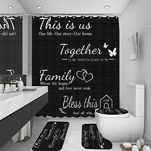 4Pcs Family Shower Curtain Set with Non-Slip Rugs, Toilet Lid Cover & Bath Mat -