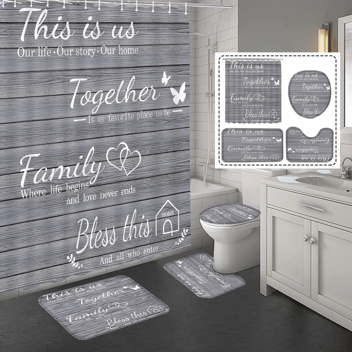4Pcs Family Shower Curtain Set with Non-Slip Rugs, Toilet Lid Cover & Bath Mat -