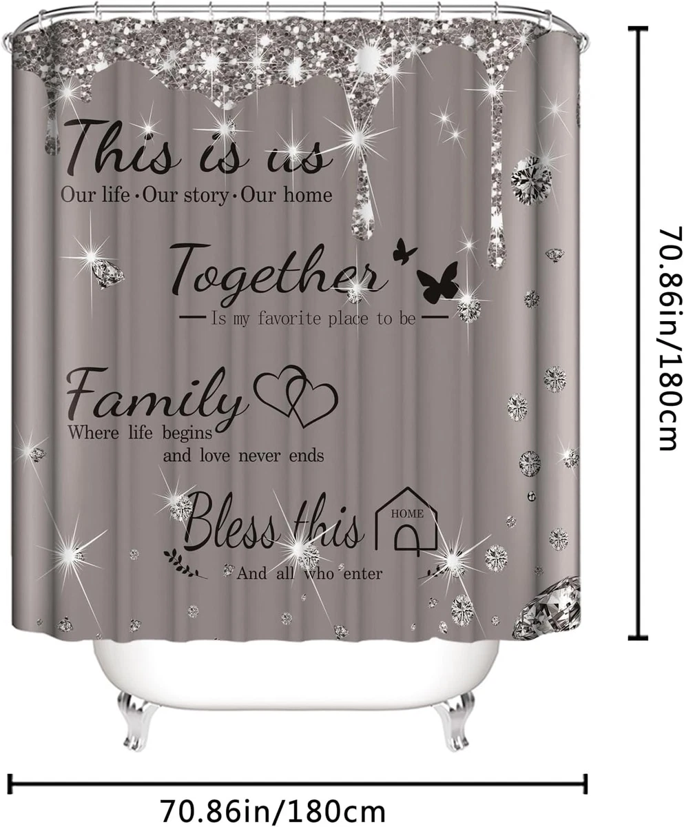 4Pcs Family Shower Curtain Sets with Non-Slip Rugs, Toilet Lid Cover and Bath Ma
