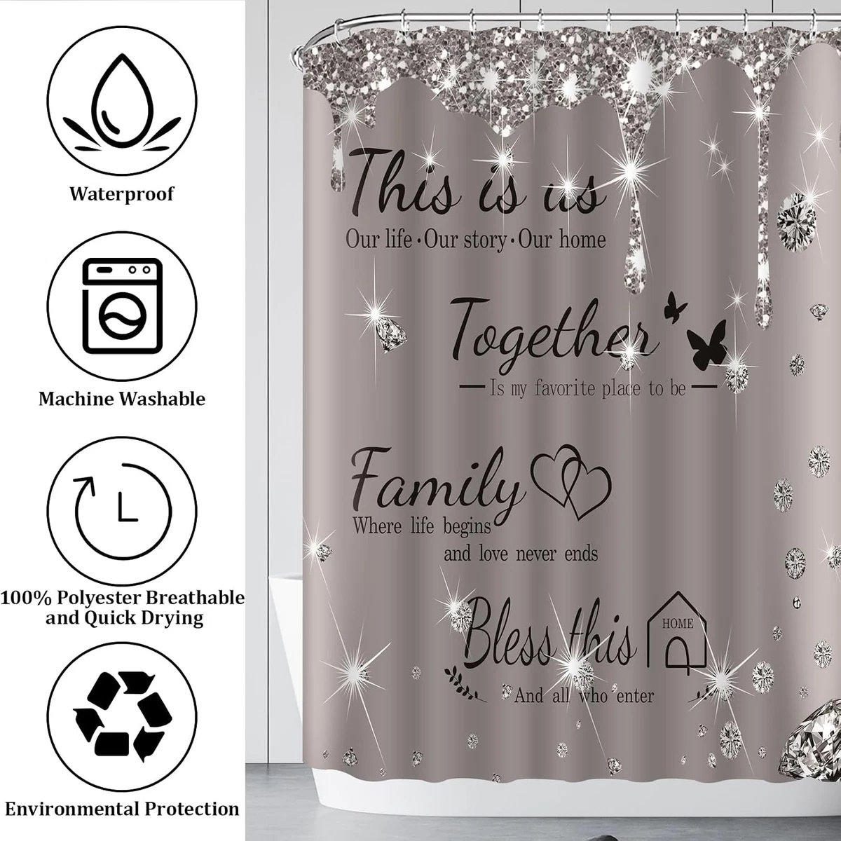 4Pcs Family Shower Curtain Sets with Non-Slip Rugs, Toilet Lid Cover and Bath Ma