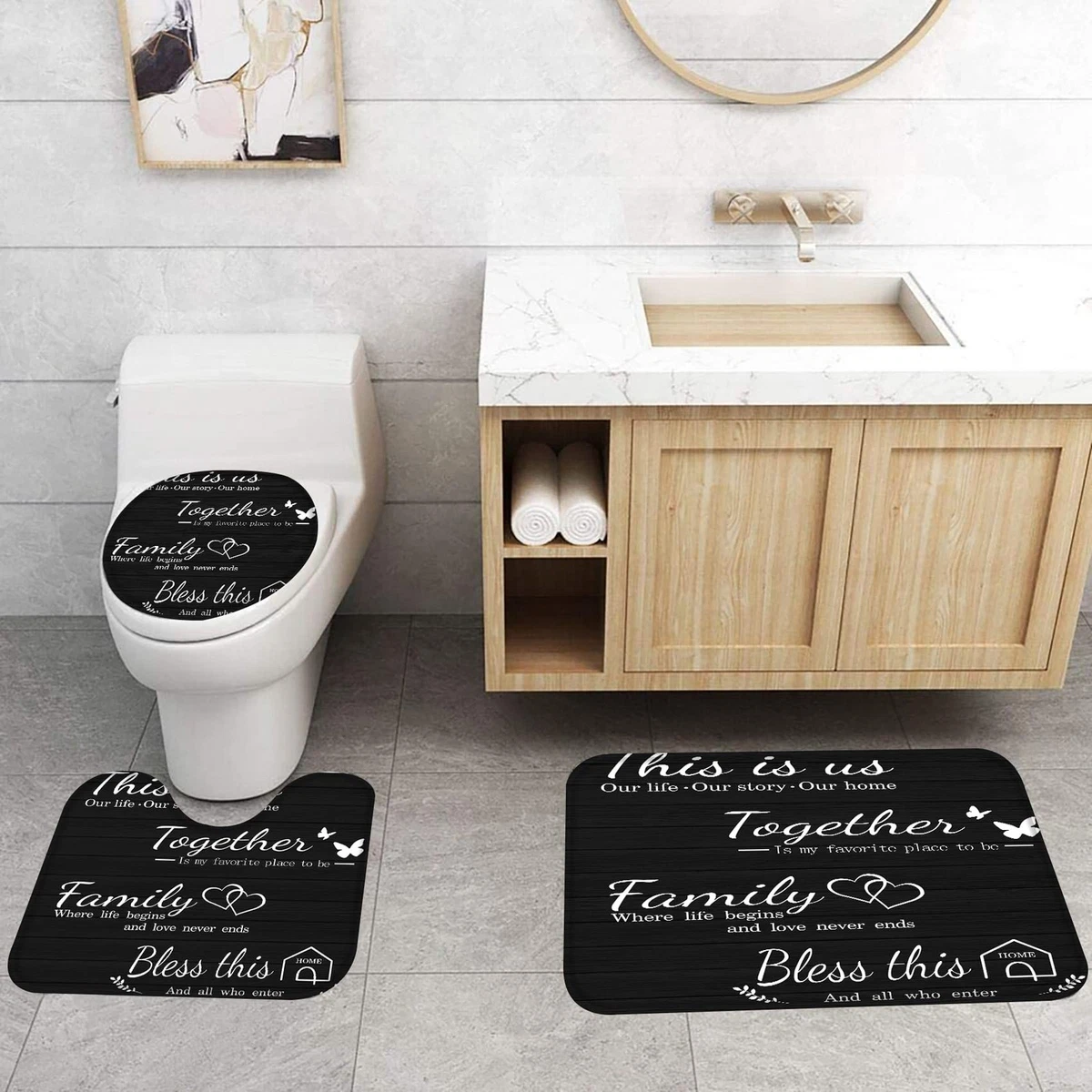 4Pcs Family Shower Curtain Sets with Non-Slip Rugs Toilet Lid Cover and Bath Mat