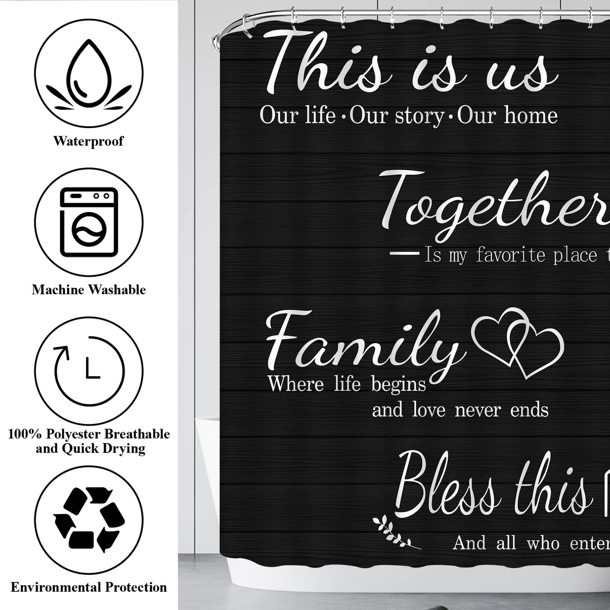 4Pcs Family Shower Curtain Sets with Non-Slip Rugs Toilet Lid Cover and Bath Mat