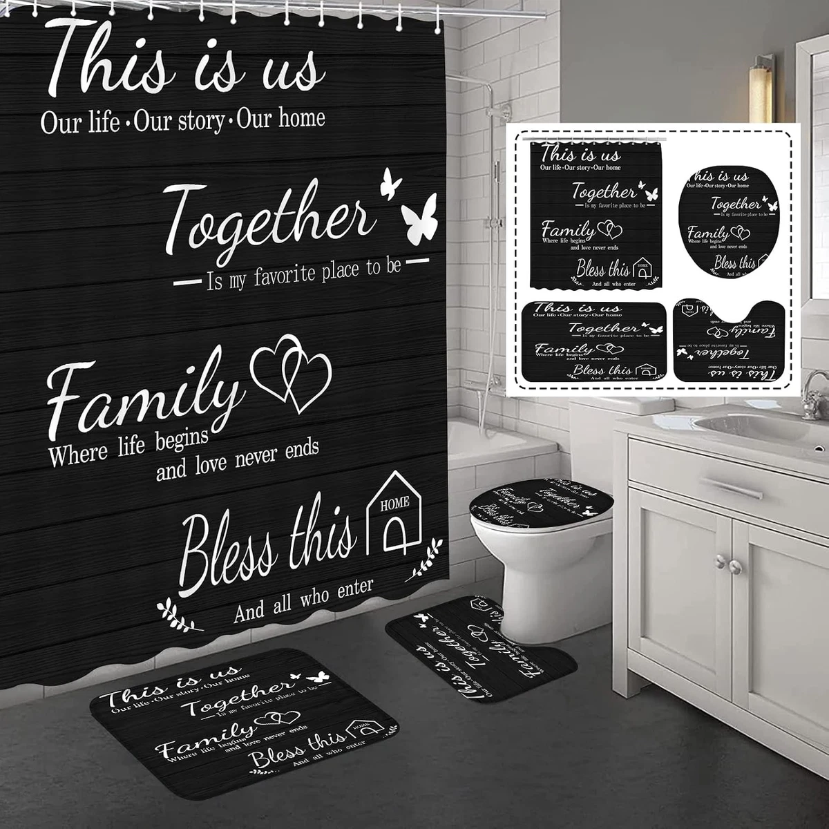 4Pcs Family Shower Curtain Sets with Non-Slip Rugs Toilet Lid Cover and Bath Mat