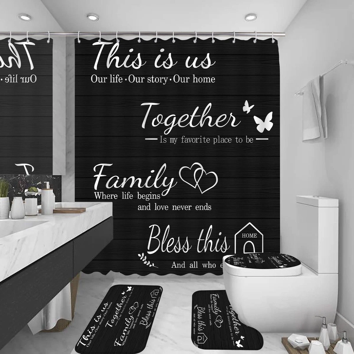 4Pcs Family Shower Curtain Sets with Non-Slip Rugs Toilet Lid Cover and Bath