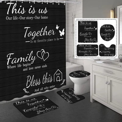 4Pcs Family Shower Curtain Sets with Non-Slip Rugs Toilet Lid Cover and Bath