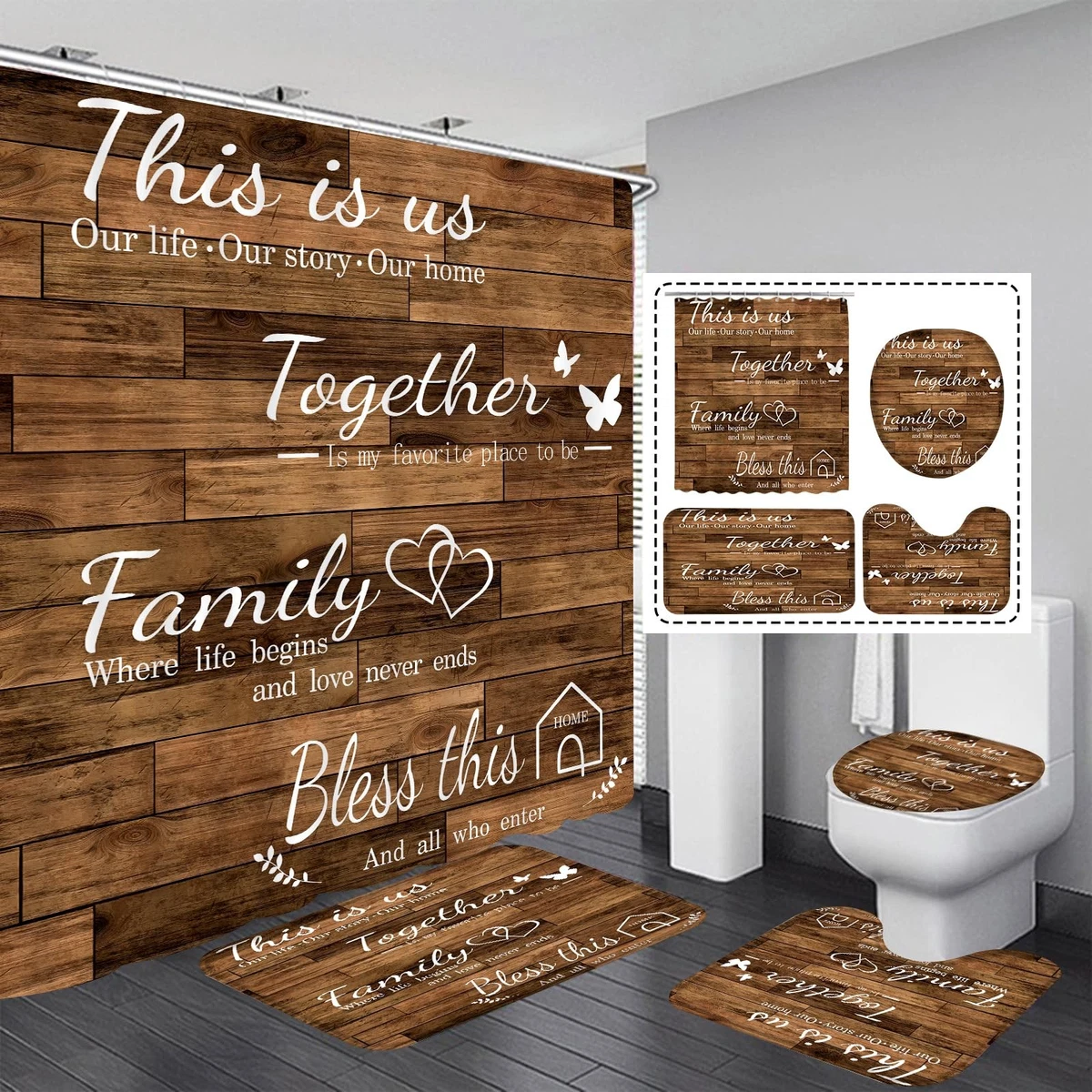 4Pcs Family Shower Curtain Sets with NonSlip Rugs, Toilet Lid Cover and Bath ...