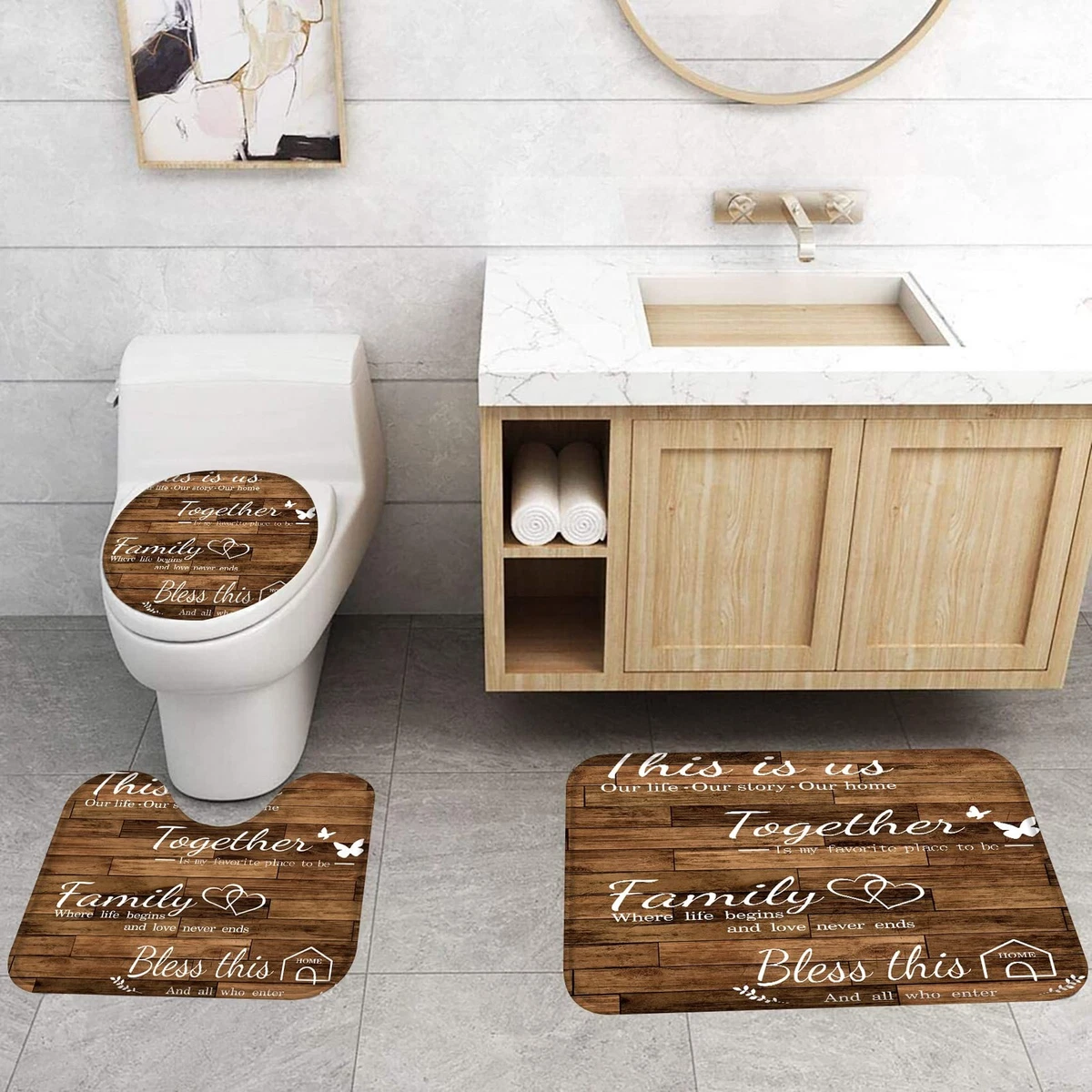 4Pcs Family Shower Curtain Sets with NonSlip Rugs, Toilet Lid Cover and Bath ...