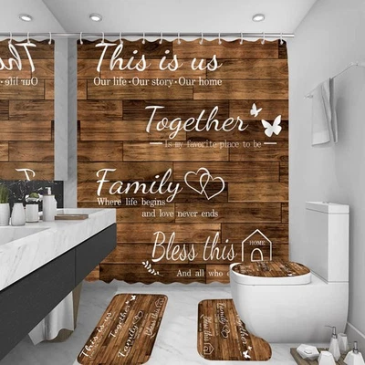 4Pcs Family Shower Curtain Sets with NonSlip Rugs, Toilet Lid Cover and Bath ...