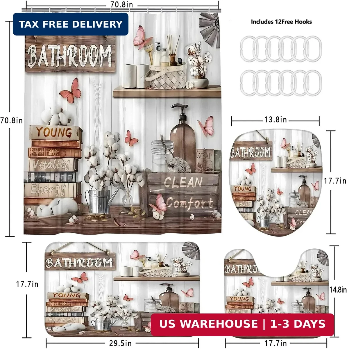 4PCS Farmhouse Shower Curtain Set Bathroom Decor Bath Mat Toilet Lid Cover 71x71