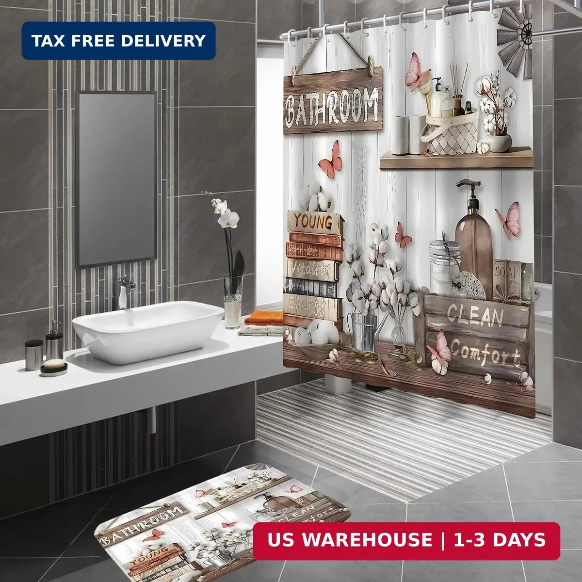 4PCS Farmhouse Shower Curtain Set Bathroom Decor Bath Mat Toilet Lid Cover 71x71