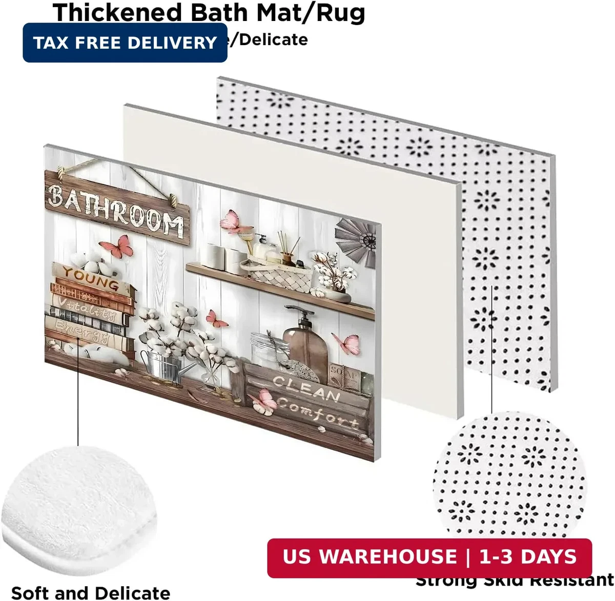 4PCS Farmhouse Shower Curtain Set Bathroom Decor Bath Mat Toilet Lid Cover 71x71